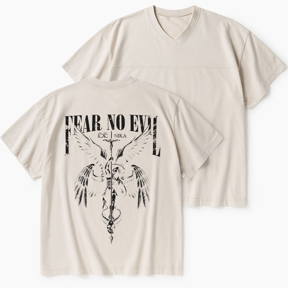 Fear No Evil Christian Washed V-Neck T-Shirt-Teevibe