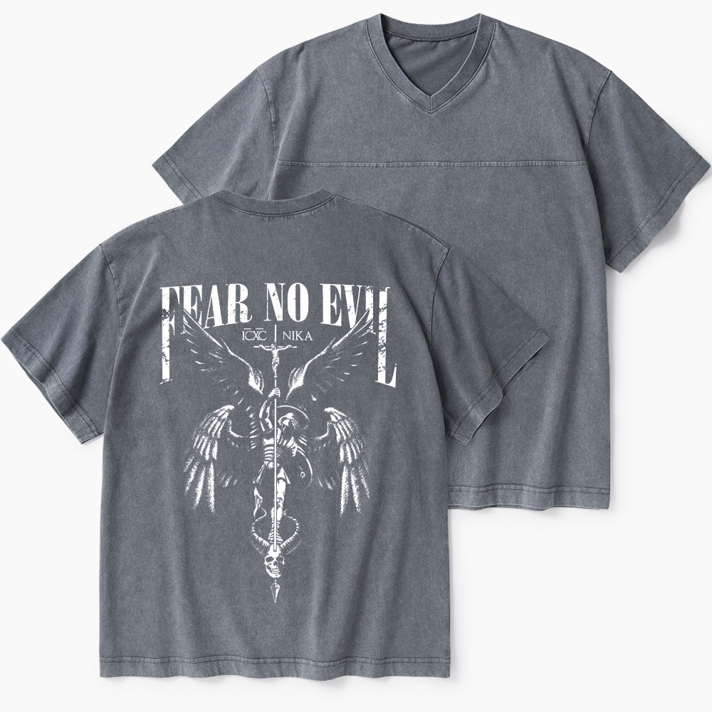 Fear No Evil Christian Washed V-Neck T-Shirt-Teevibe