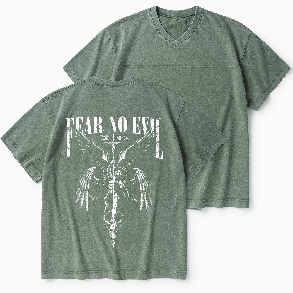 Fear No Evil Christian Washed V-Neck T-Shirt-Teevibe