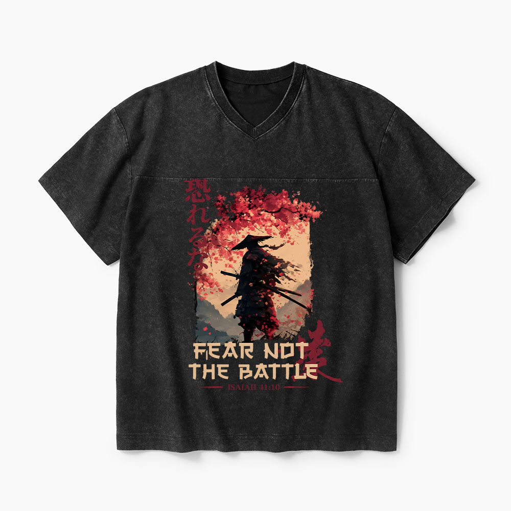 Fear Not The Battle Christian Washed V-Neck T-Shirt-Teevibe