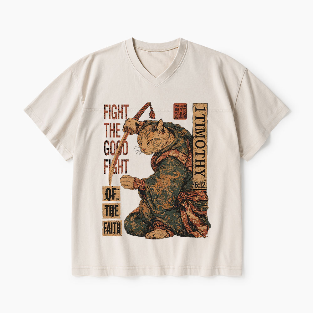 Fight The Good Fight Of The Faith Christian Washed V-Neck T-Shirt-Teevibe