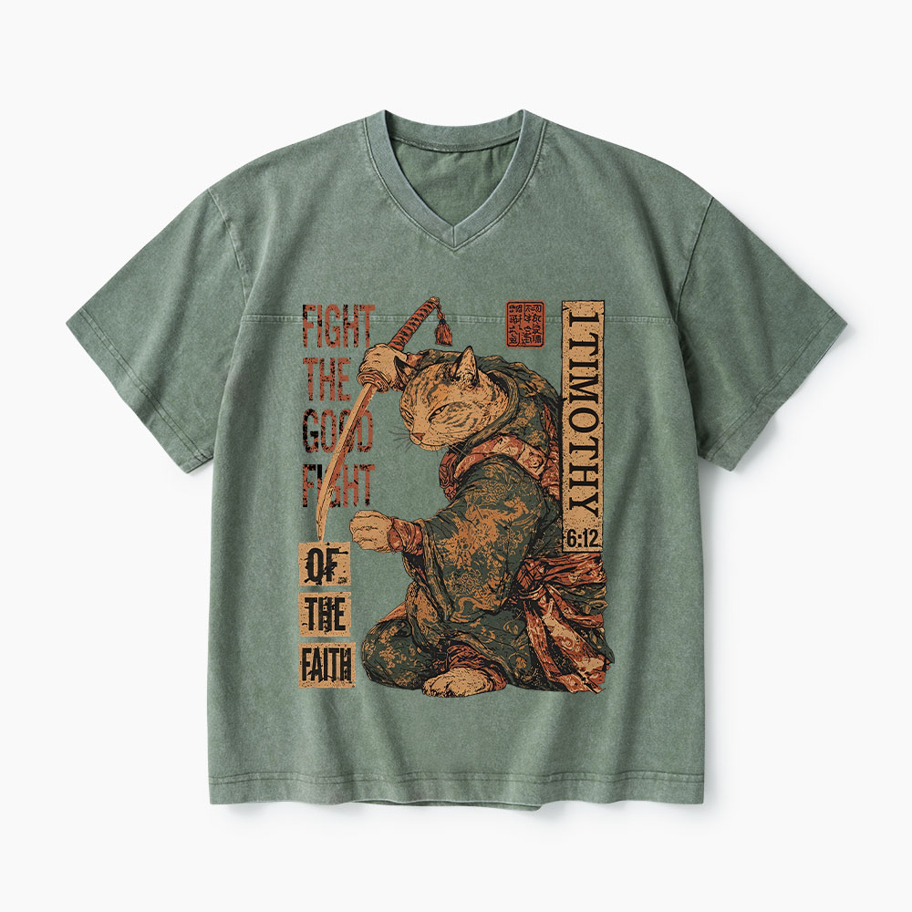 Fight The Good Fight Of The Faith Christian Washed V-Neck T-Shirt-Teevibe