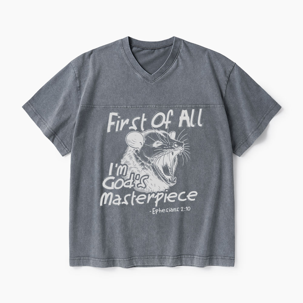 First Of All I'm God's Masterpieces Christian Washed V-Neck T-Shirt-Teevibe