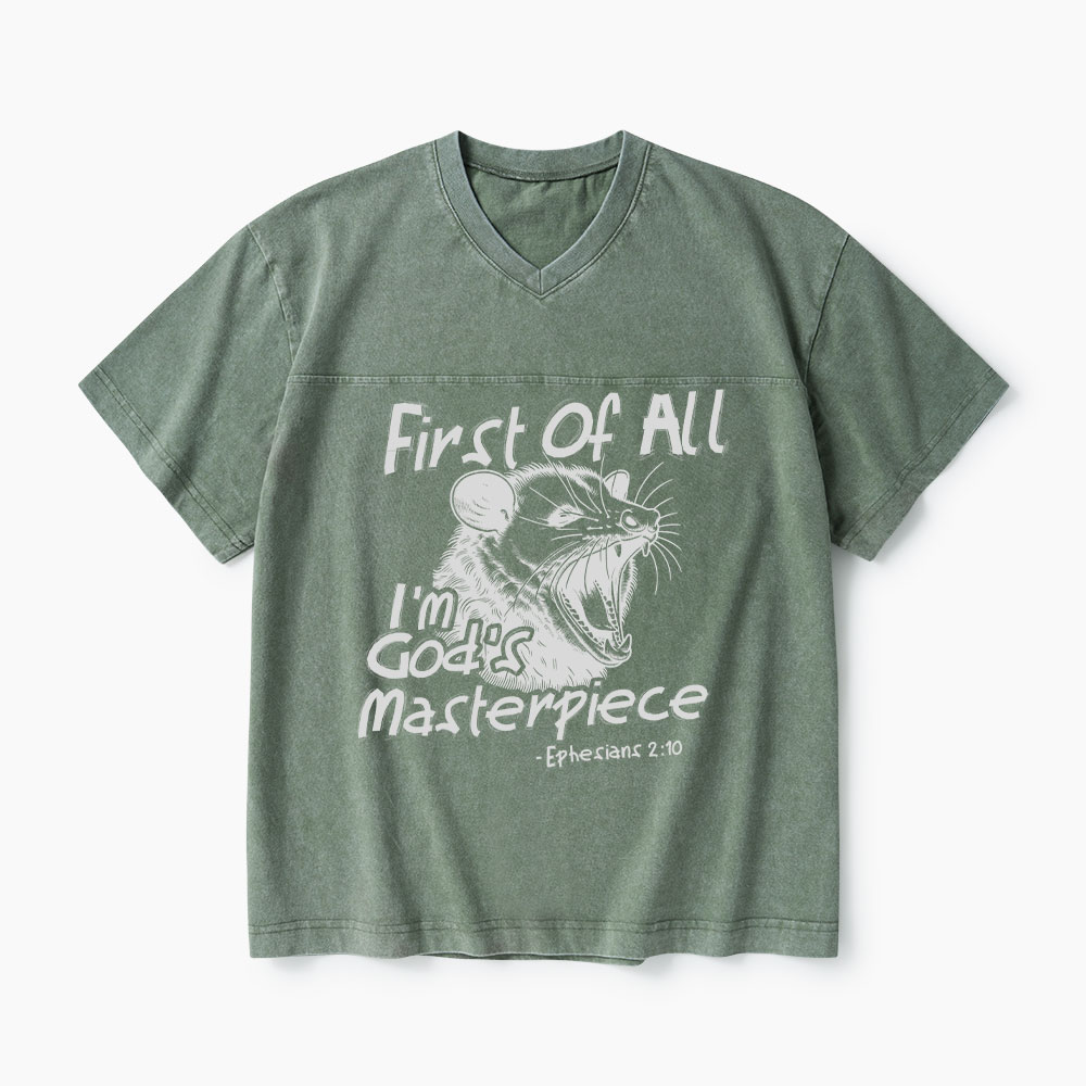 First Of All I'm God's Masterpieces Christian Washed V-Neck T-Shirt-Teevibe