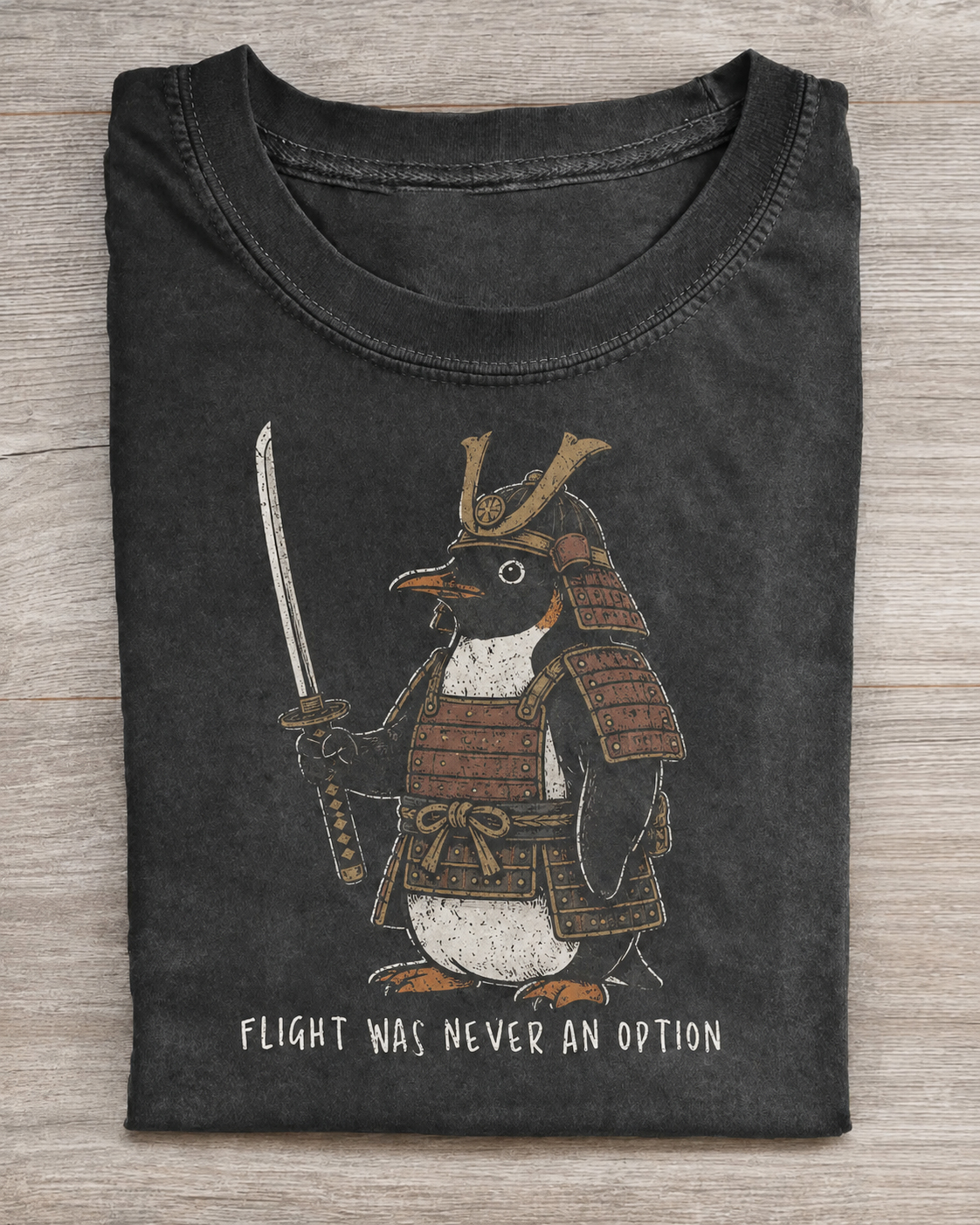 Flight Was Never An Option Vintage Brown Samurai Penguin Distressed T-Shirt
