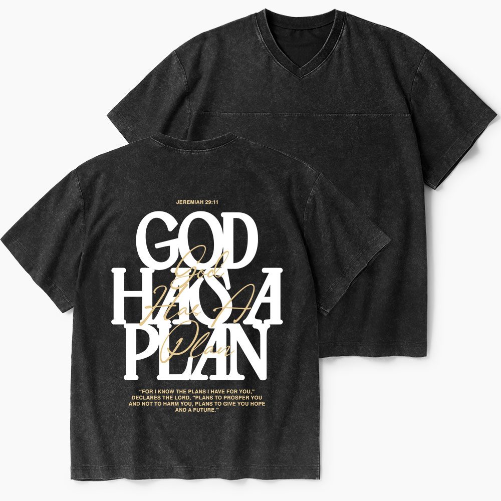 God Has A Plan Christian Washed V-Neck T-Shirt-Teevibe