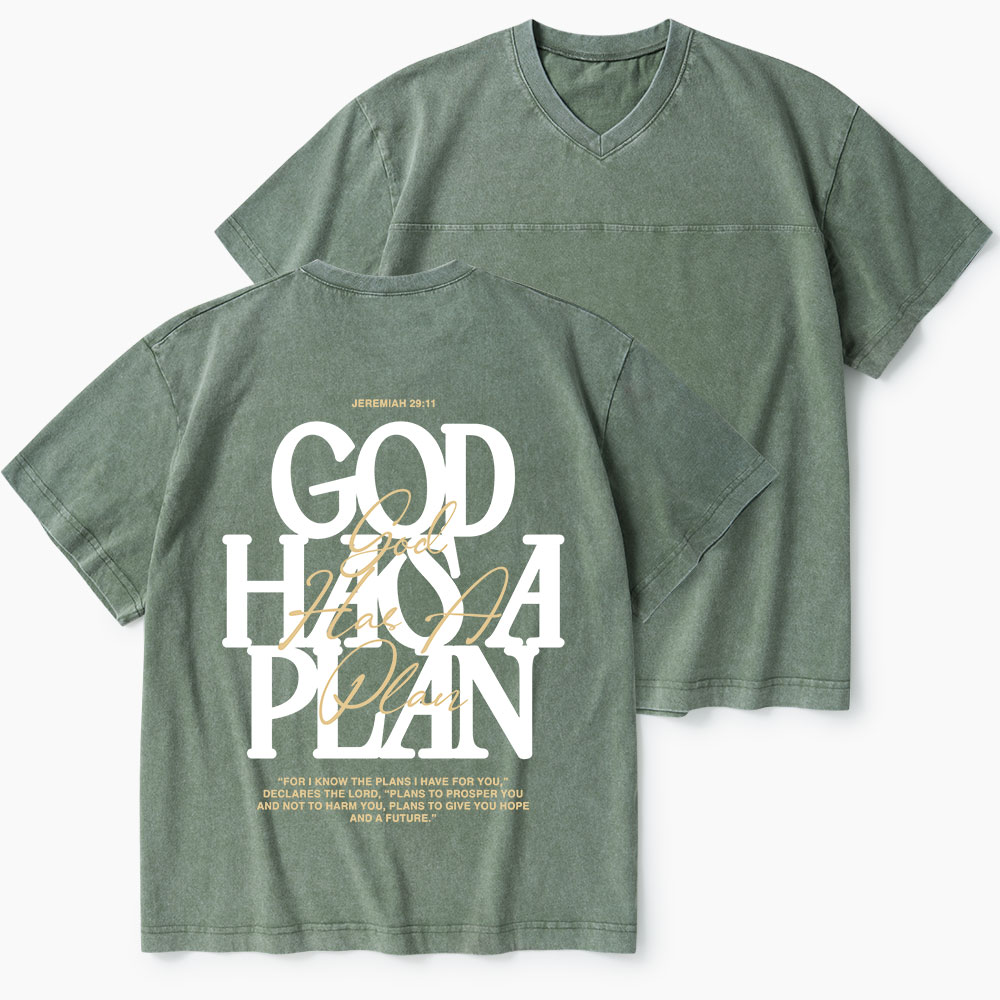 God Has A Plan Christian Washed V-Neck T-Shirt-Teevibe