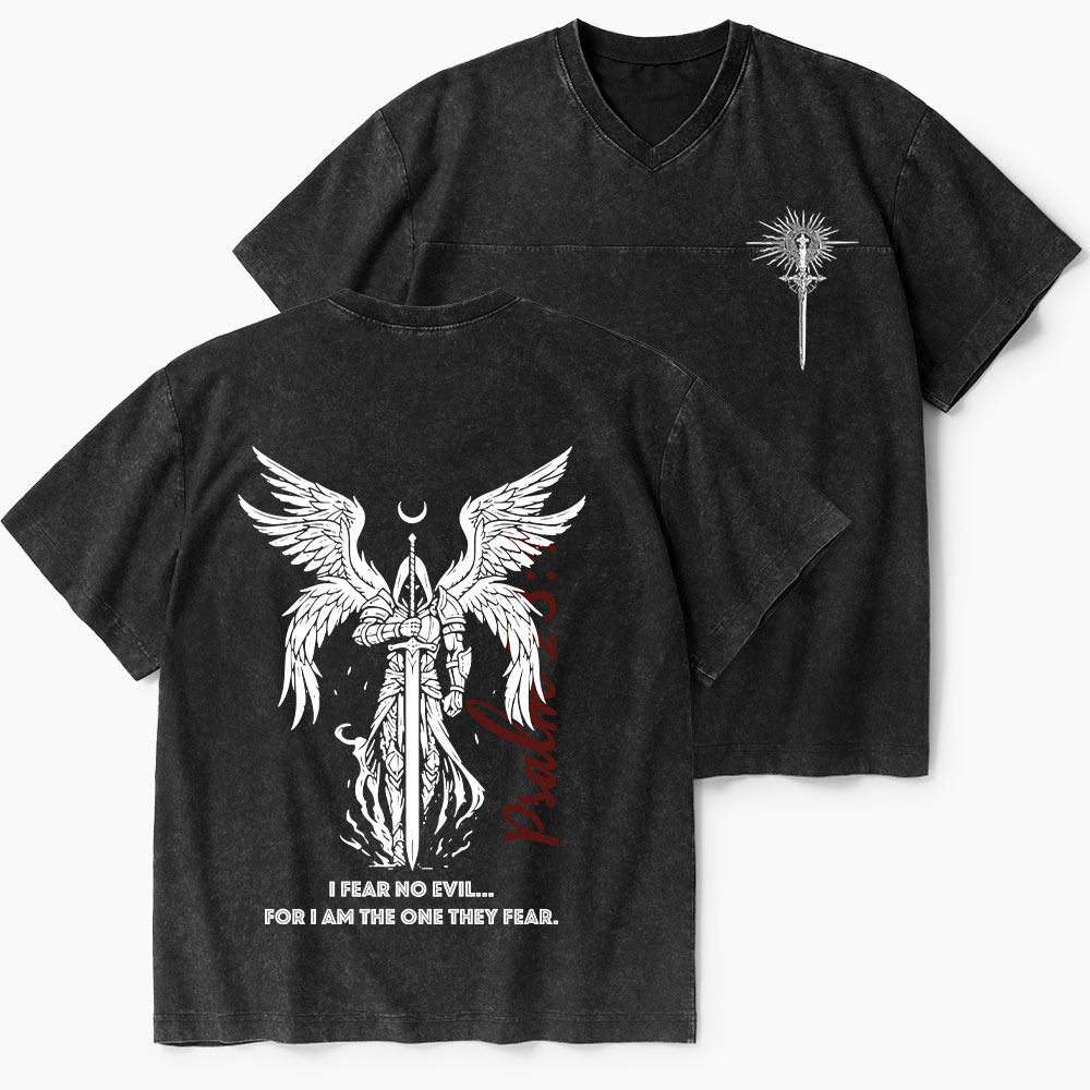 I Fear No Evil Christian Washed V-Neck T-Shirt-Teevibe