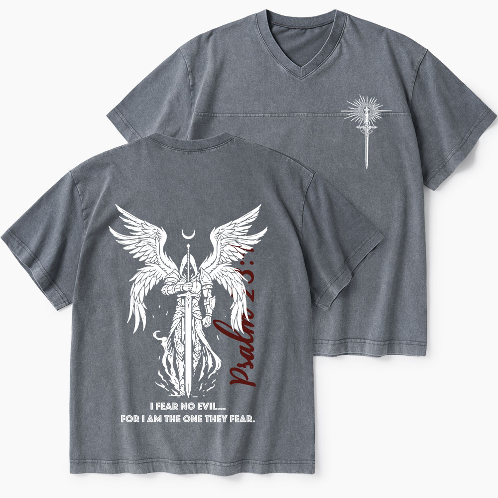 I Fear No Evil Christian Washed V-Neck T-Shirt-Teevibe