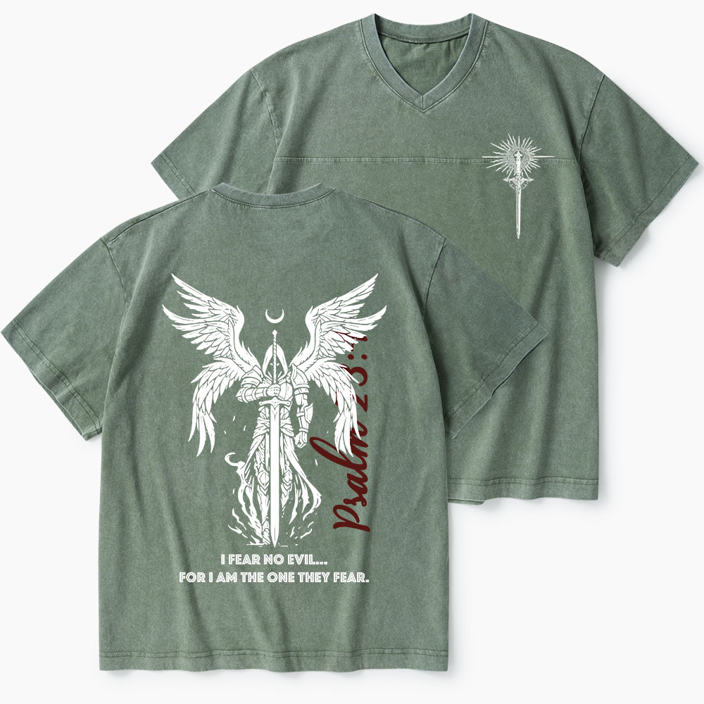 I Fear No Evil Christian Washed V-Neck T-Shirt-Teevibe