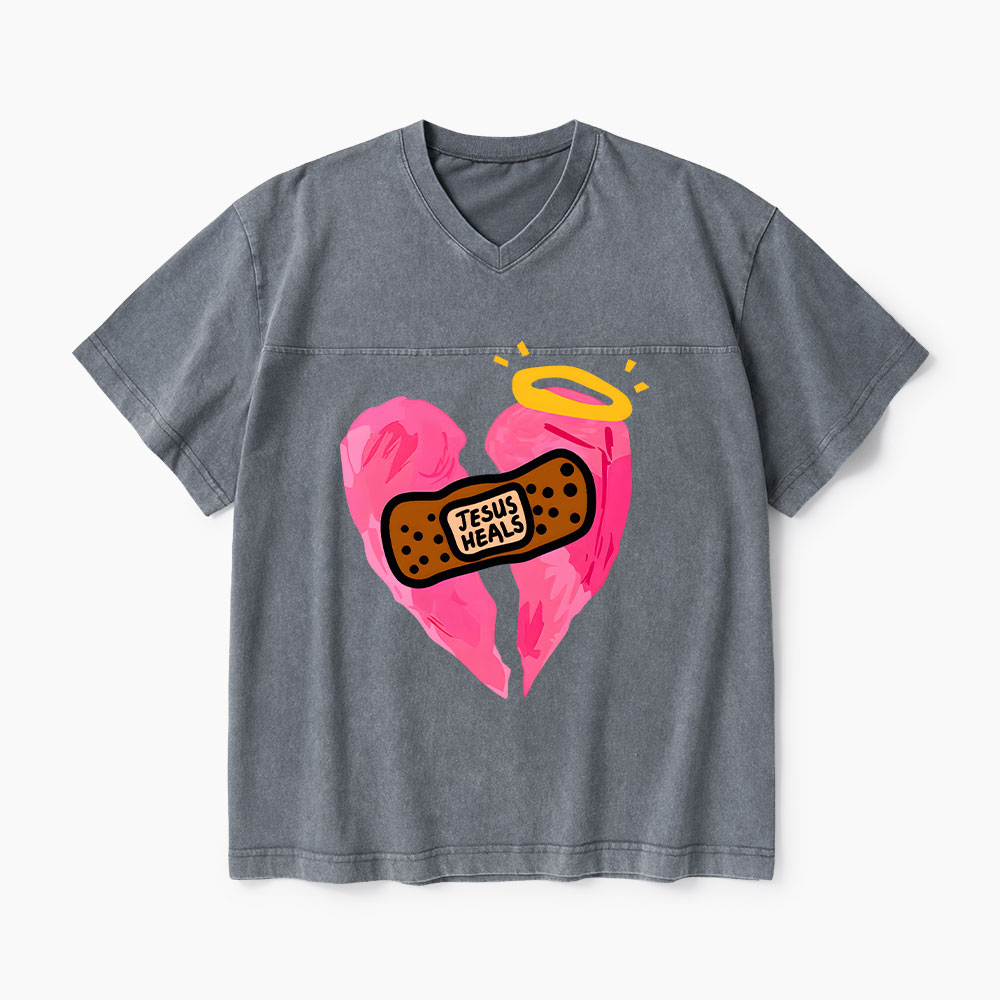 Jesus Heals Christian Washed V-Neck T-Shirt-Teevibe