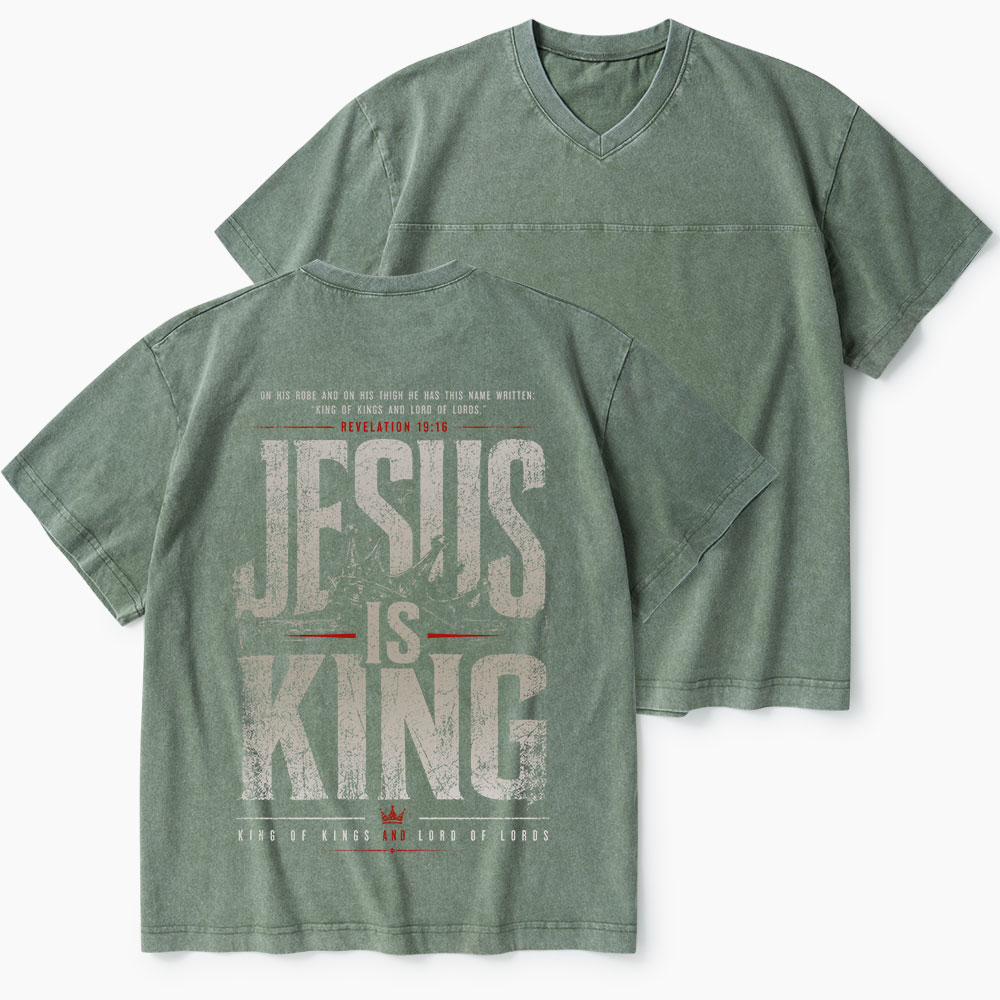 Jesus Is King Christian Washed V-Neck T-Shirt-Teevibe