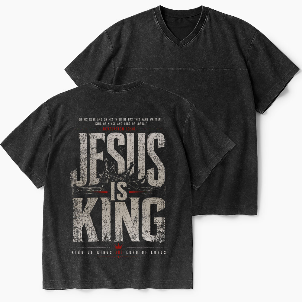 Jesus Is King Christian Washed V-Neck T-Shirt-Teevibe