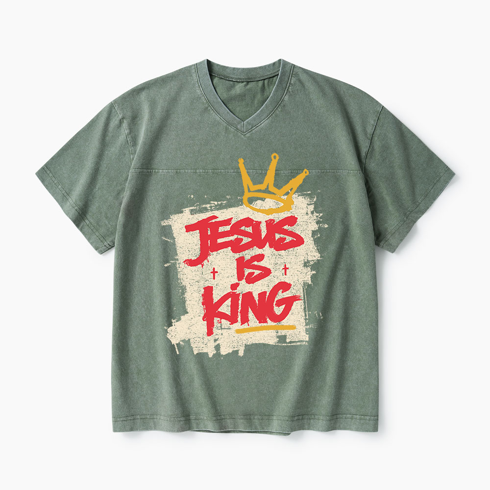 Jesus Is King Christian Washed V-Neck T-Shirt-Teevibe