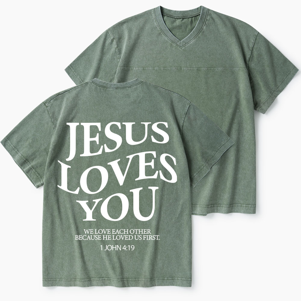 Jesus Loves You Christian Washed V-Neck T-Shirt-Teevibe