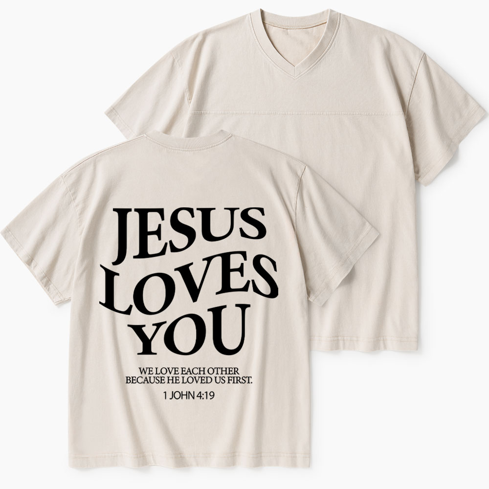 Jesus Loves You Christian Washed V-Neck T-Shirt-Teevibe