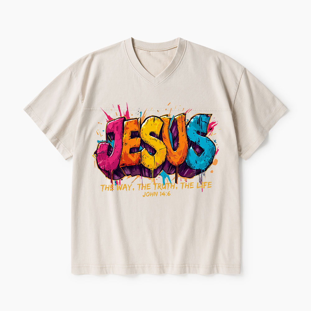Jesus The Way The Truth The Life Christian Washed V-Neck T-Shirt-Teevibe