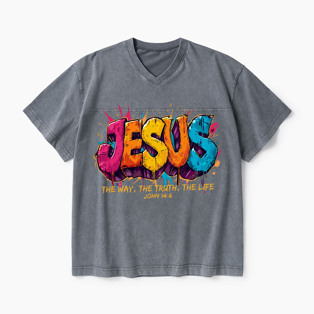 Jesus The Way The Truth The Life Christian Washed V-Neck T-Shirt-Teevibe
