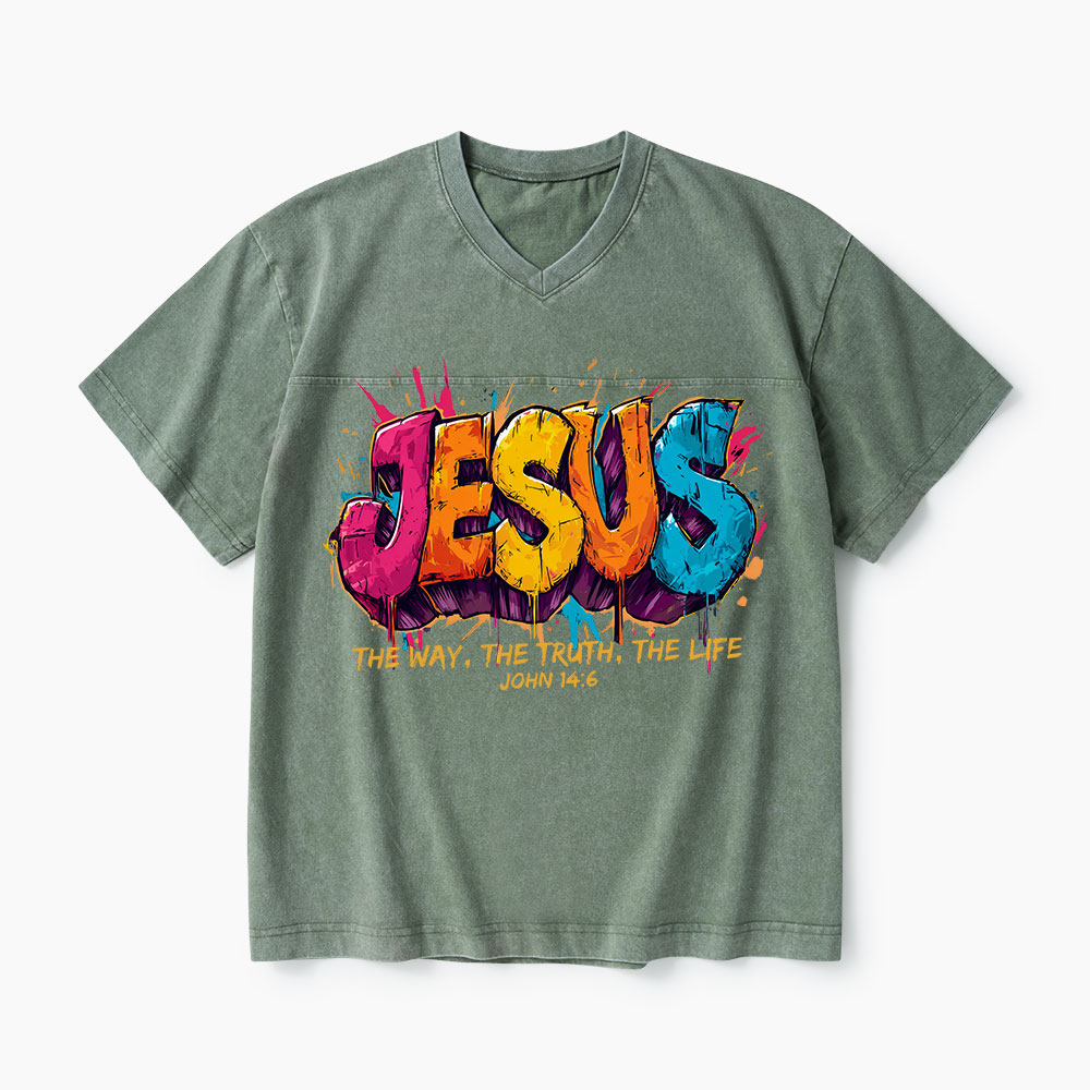 Jesus The Way The Truth The Life Christian Washed V-Neck T-Shirt-Teevibe