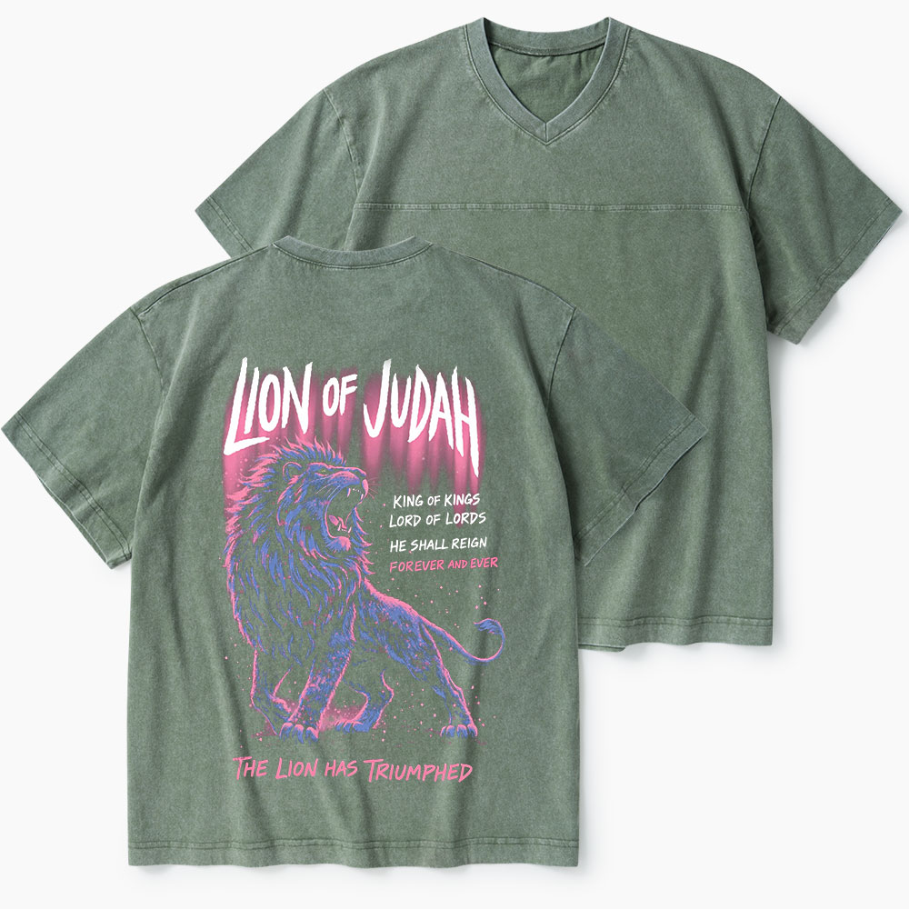 Lion Of Judah Christian Washed V-Neck T-Shirt-Teevibe