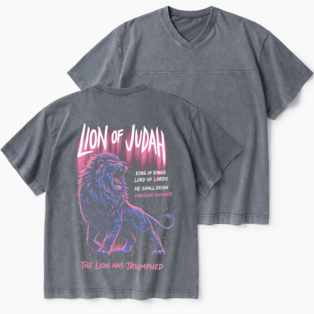 Lion Of Judah Christian Washed V-Neck T-Shirt-Teevibe