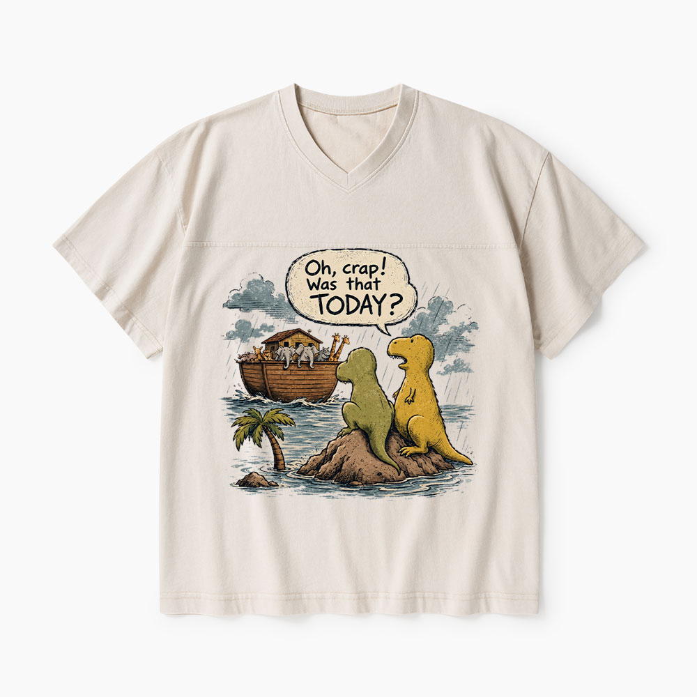 Noah's Ark Funny Dinosaurs Christian Washed V-Neck T-Shirt-Teevibe