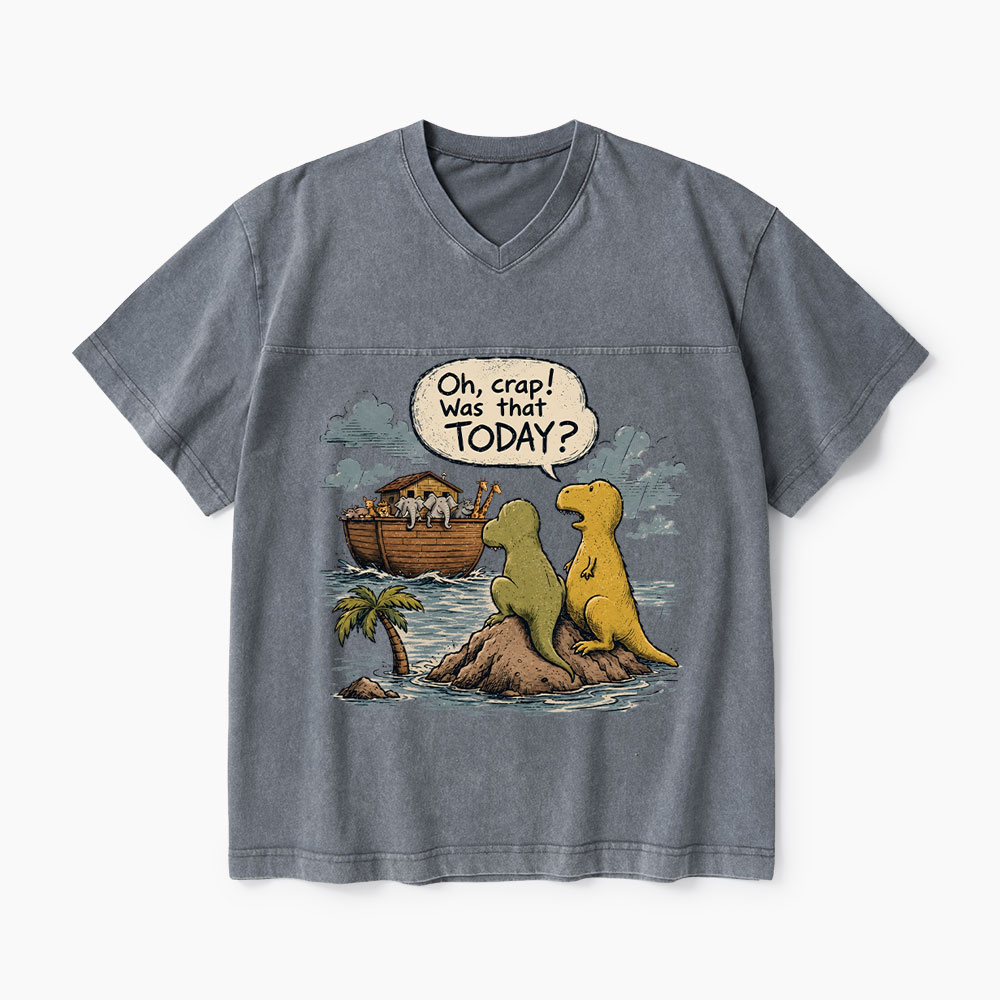 Noah's Ark Funny Dinosaurs Christian Washed V-Neck T-Shirt-Teevibe