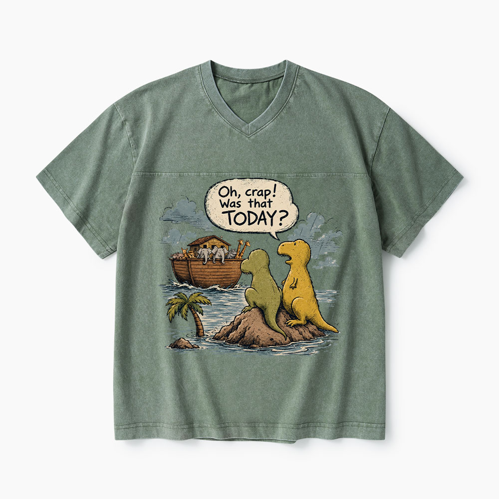 Noah's Ark Funny Dinosaurs Christian Washed V-Neck T-Shirt-Teevibe