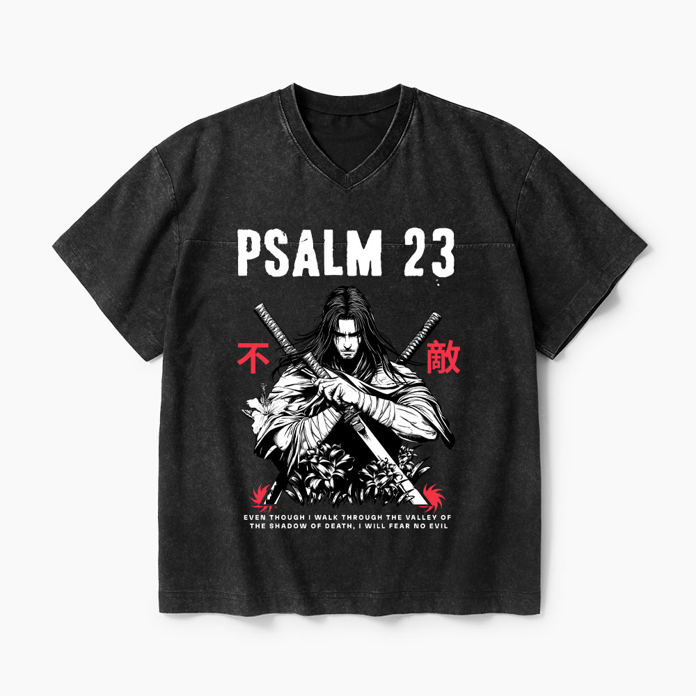 Psalm 23 Fear No Evil Aesthetic Mens Christian Washed V-Neck T-Shirt-Teevibe