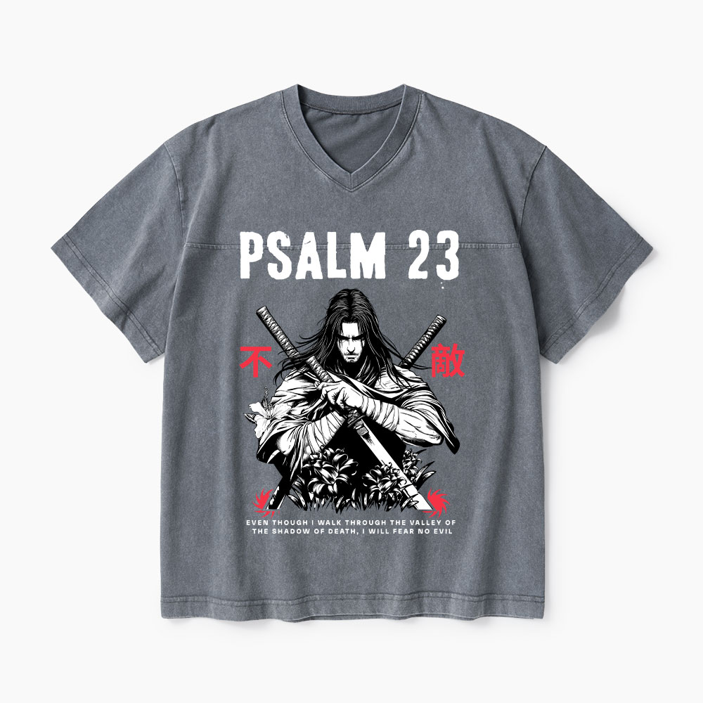 Psalm 23 Fear No Evil Aesthetic Mens Christian Washed V-Neck T-Shirt-Teevibe