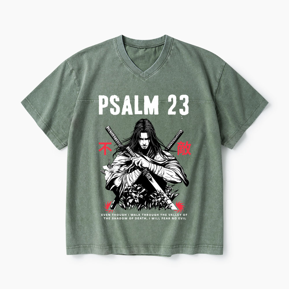 Psalm 23 Fear No Evil Aesthetic Mens Christian Washed V-Neck T-Shirt-Teevibe