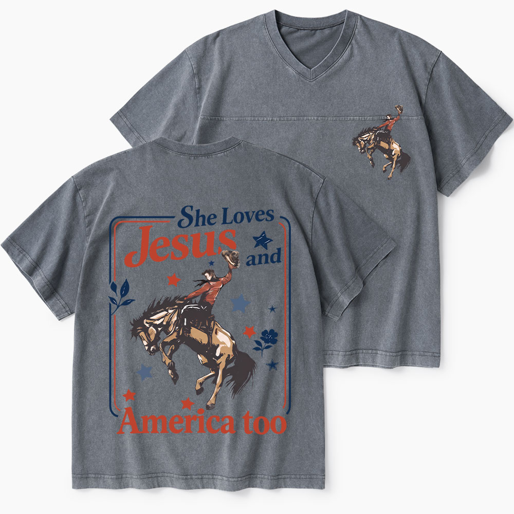 She Loves Jesus And America Too Christian Washed V-Neck T-Shirt-Teevibe