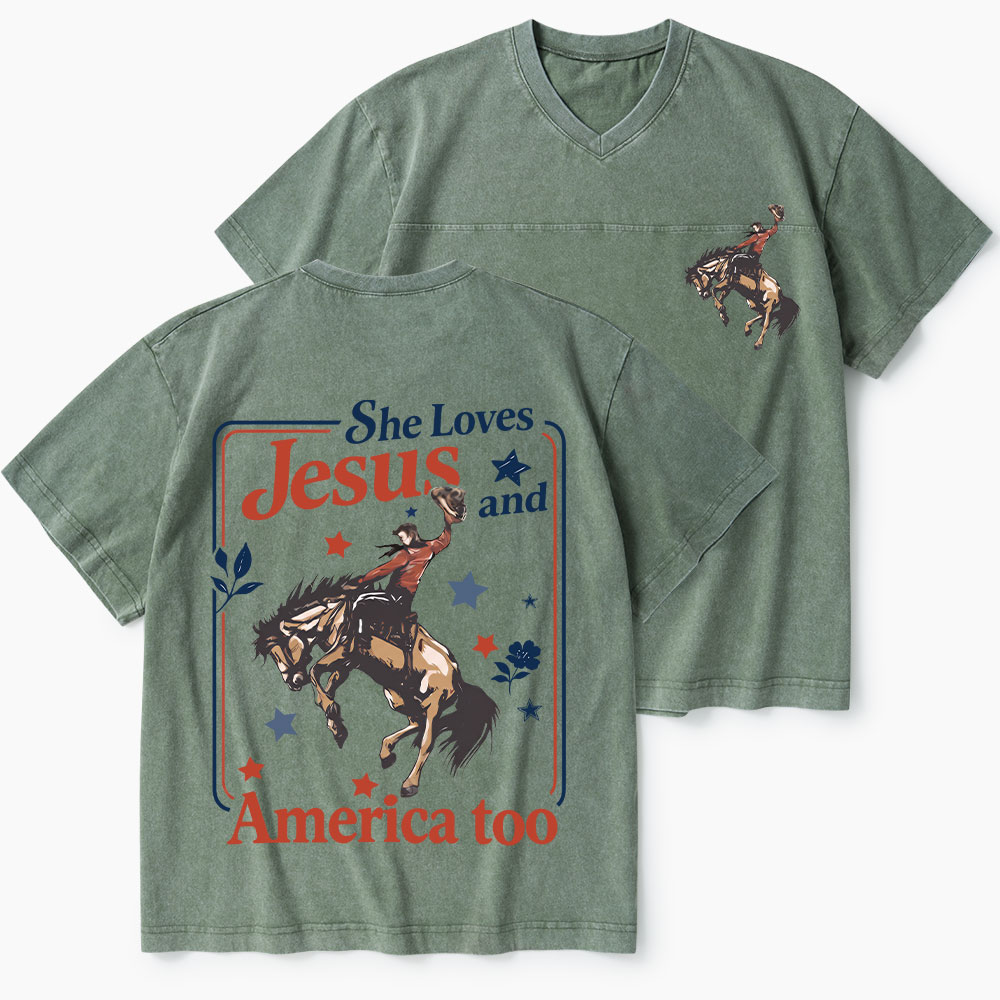 She Loves Jesus And America Too Christian Washed V-Neck T-Shirt-Teevibe