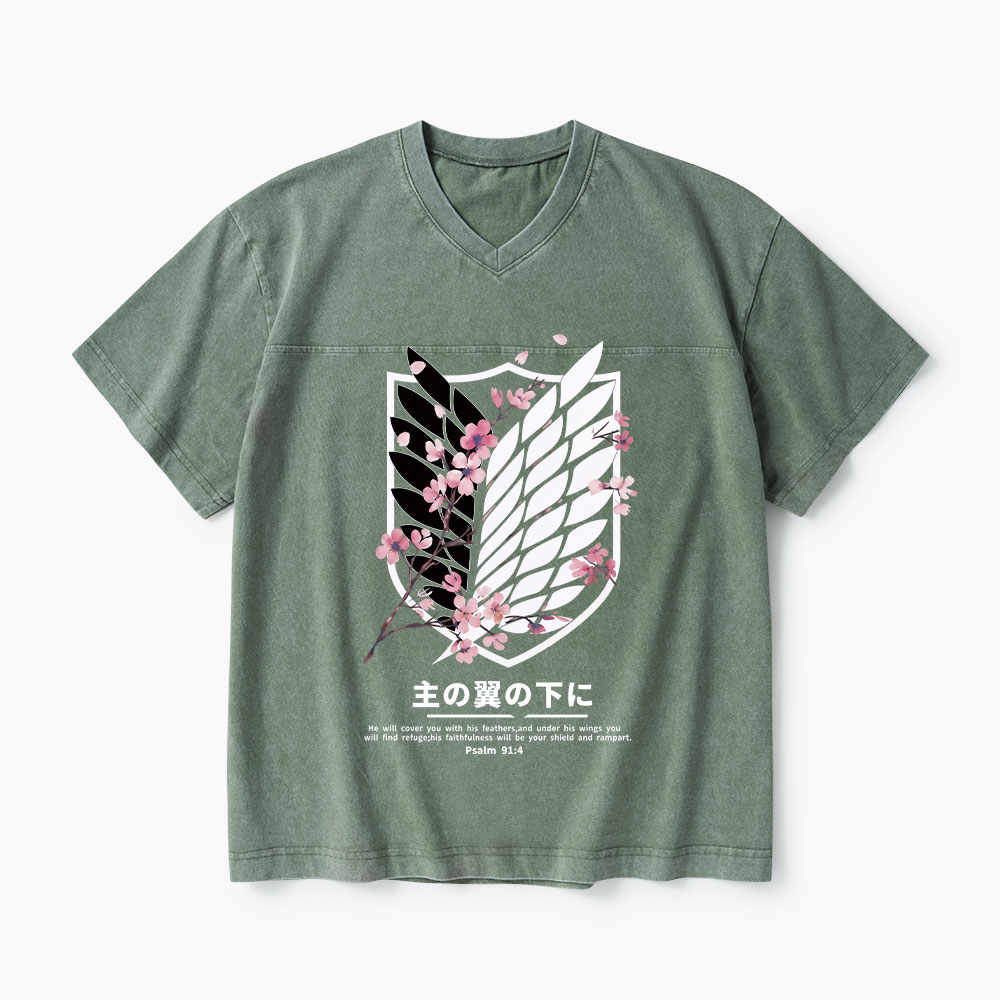 Under His Wings Christian Washed V-Neck T-Shirt-Teevibe