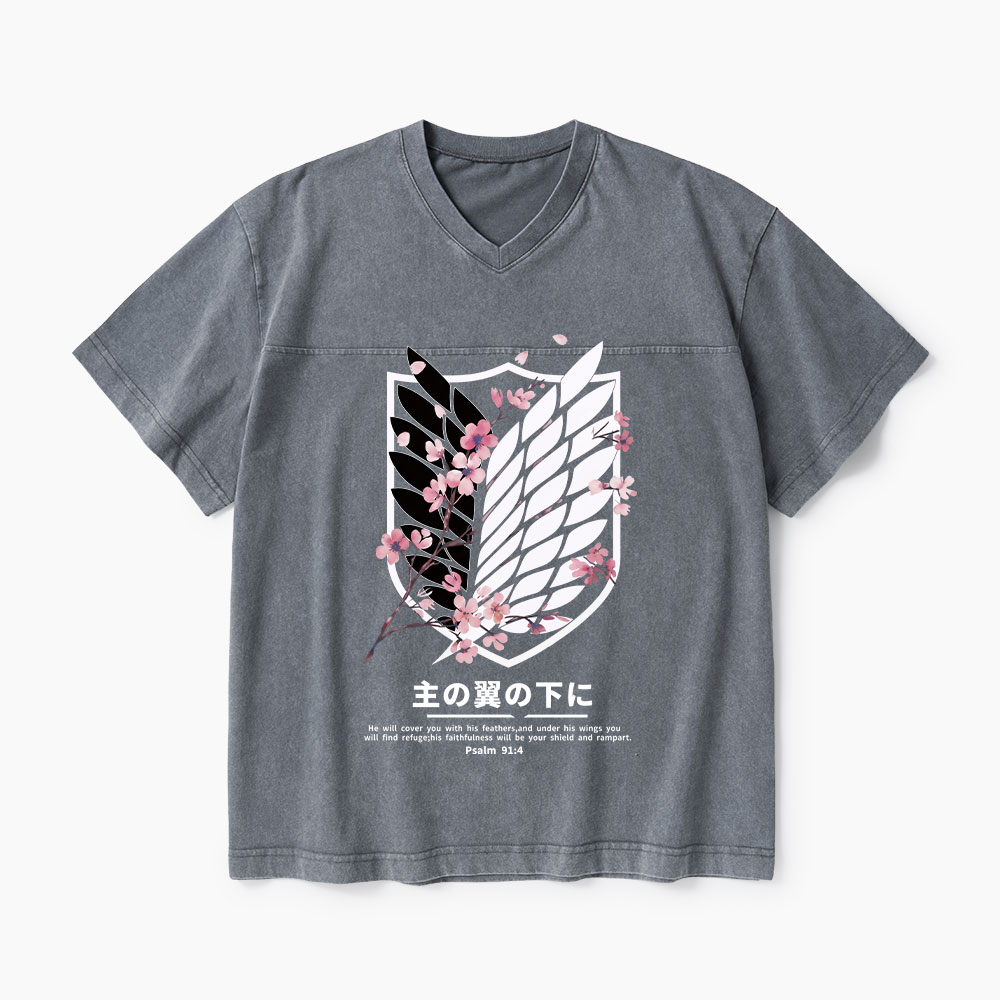 Under His Wings Christian Washed V-Neck T-Shirt-Teevibe