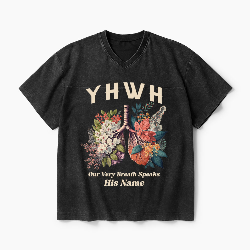 YHWH Floral Nature Lung Christian Washed V-Neck T-Shirt-Teevibe
