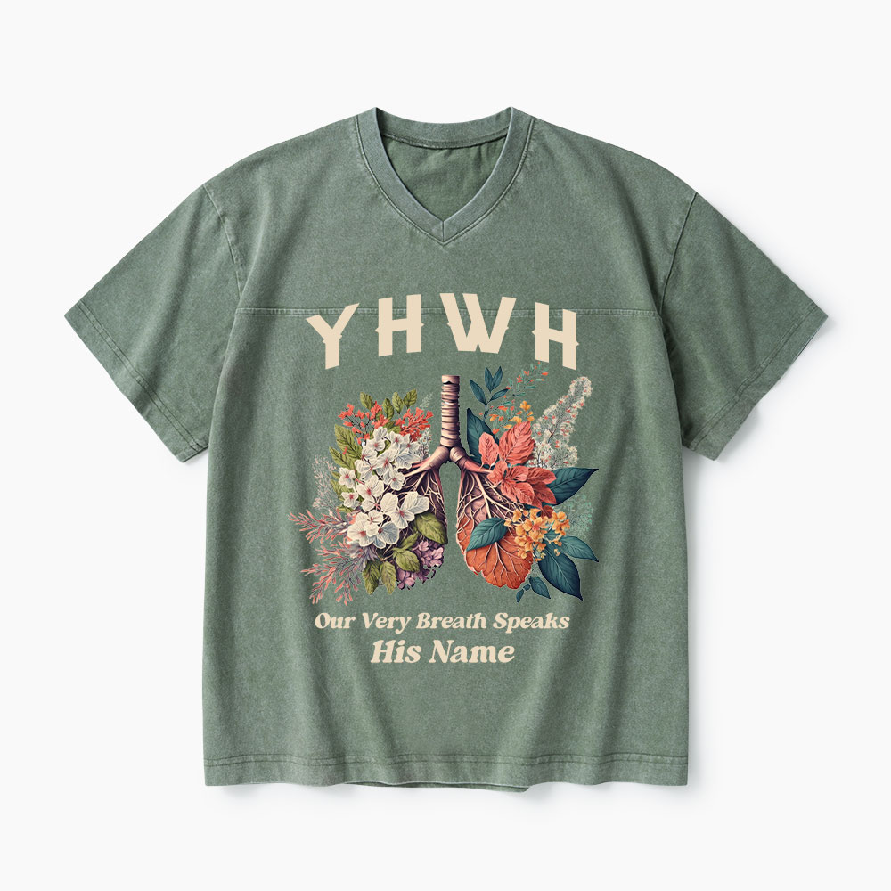 YHWH Floral Nature Lung Christian Washed V-Neck T-Shirt-Teevibe