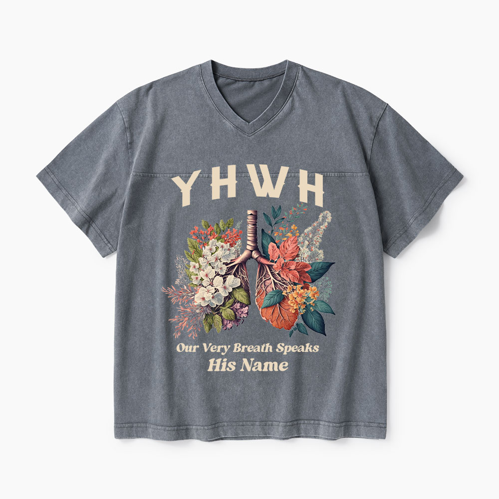 YHWH Floral Nature Lung Christian Washed V-Neck T-Shirt-Teevibe