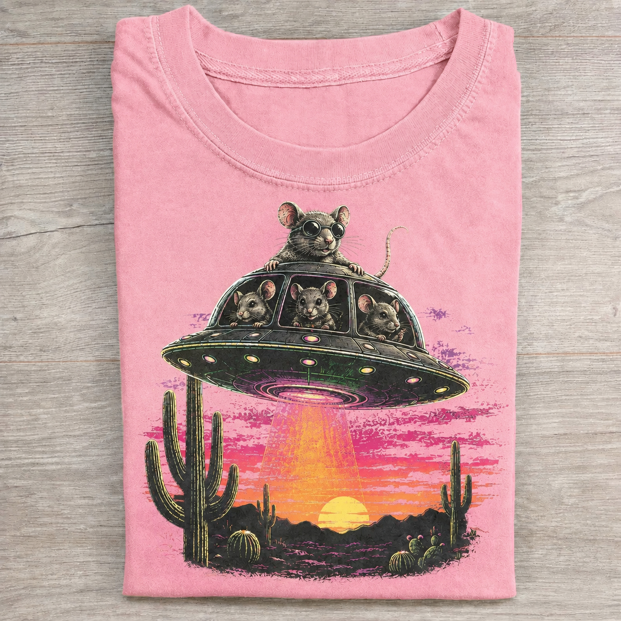 Retro UFO Mice Desert Cactus Vintage Graphic T-Shirt