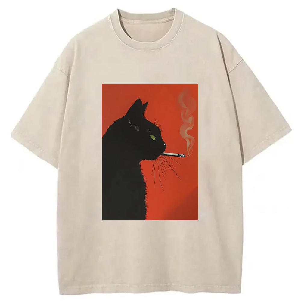 Black Cat Smoking A Cigarette Vintage Washed Unisex T-Shirt-Teevibe