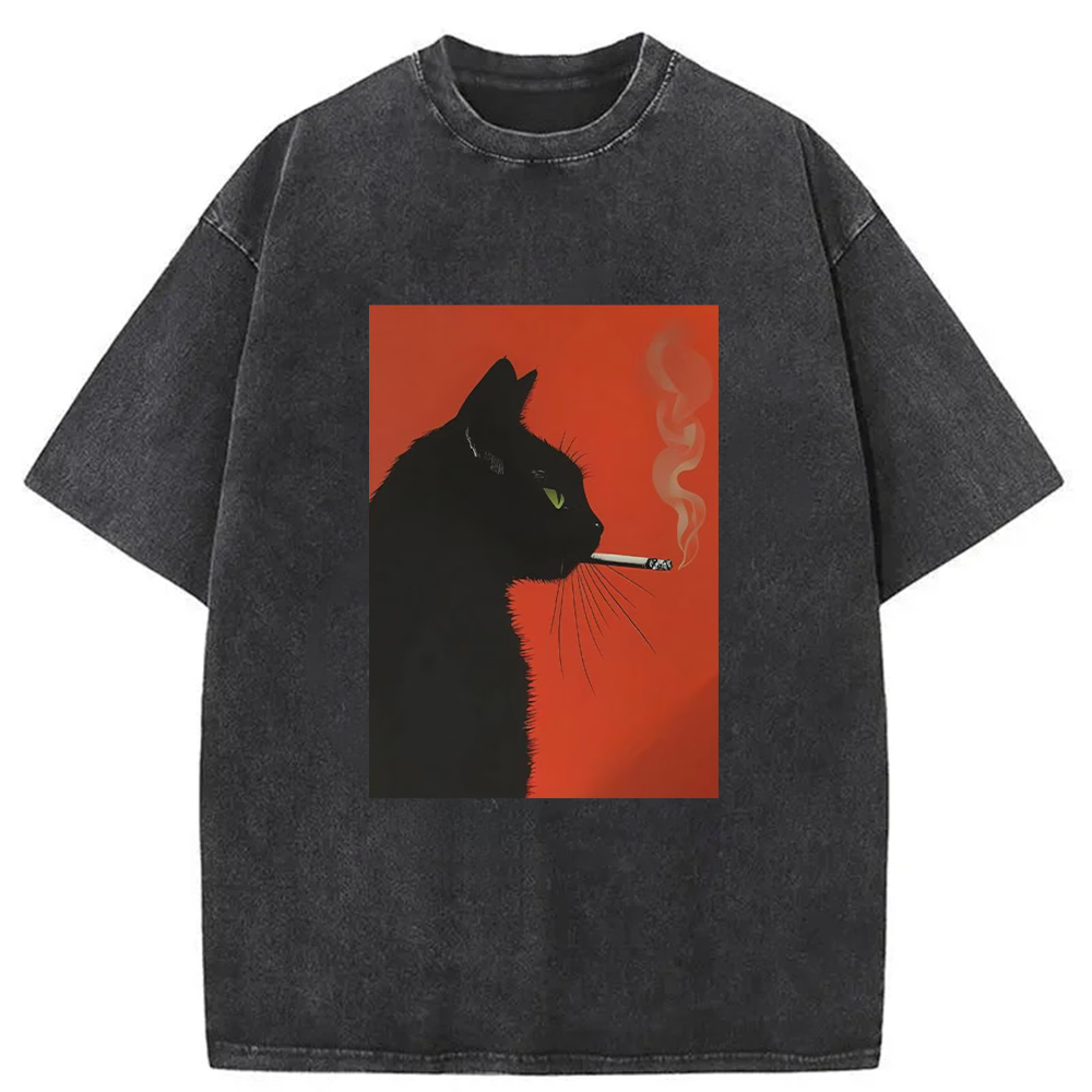 Black Cat Smoking A Cigarette Vintage Washed Unisex T-Shirt-Teevibe