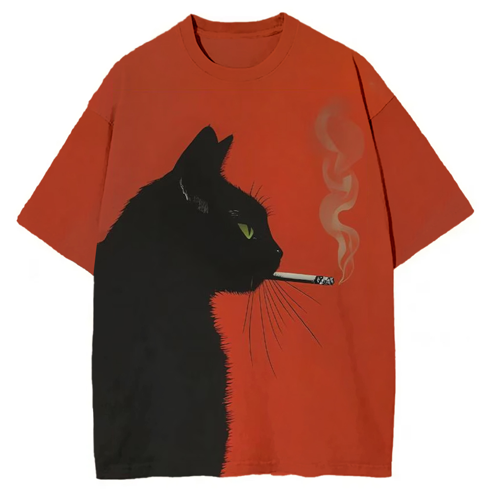 Black Cat Smoking A Cigarette Vintage Washed Unisex T-Shirt-Teevibe