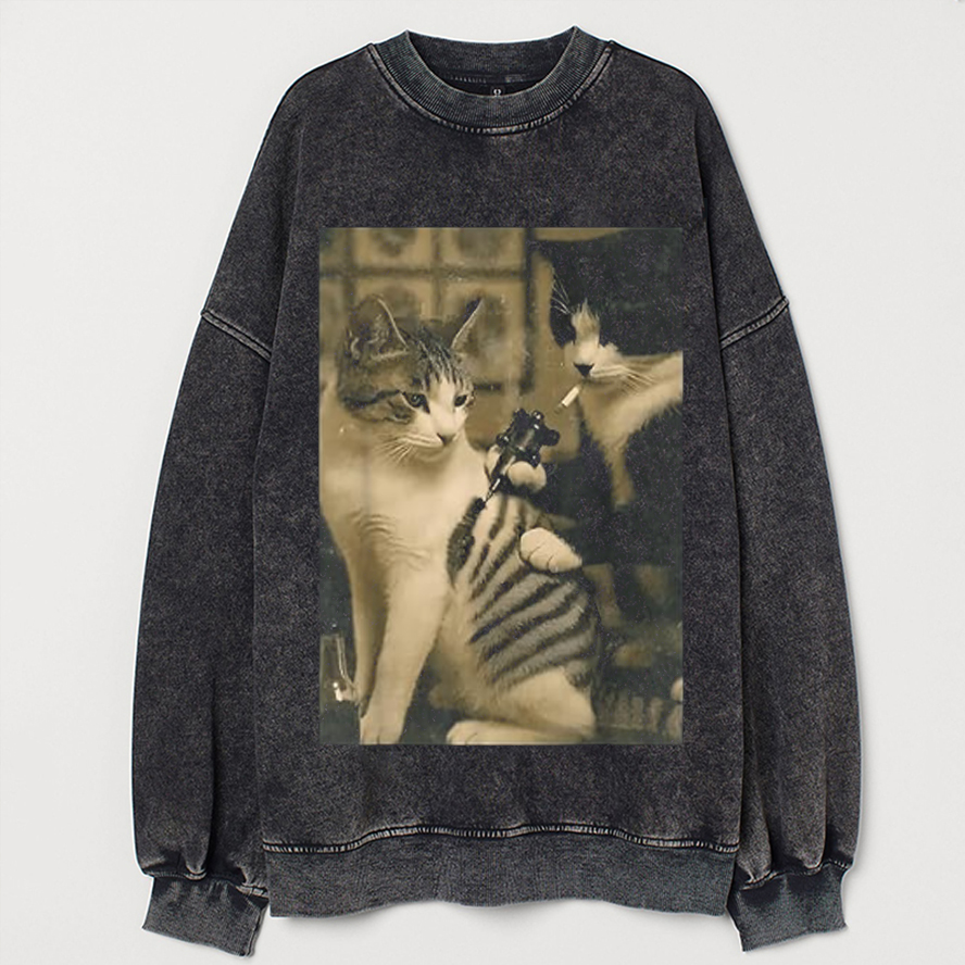 Retro Cat Tattoo Meme Sweatshirt-Teevibe