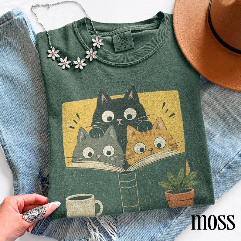 Cozy Book Club Cats Vintage Graphic T-Shirt