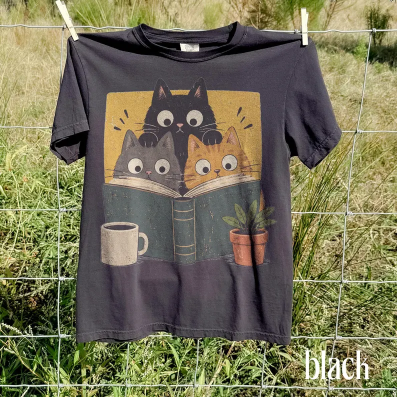 Cozy Book Club Cats Vintage Graphic T-Shirt