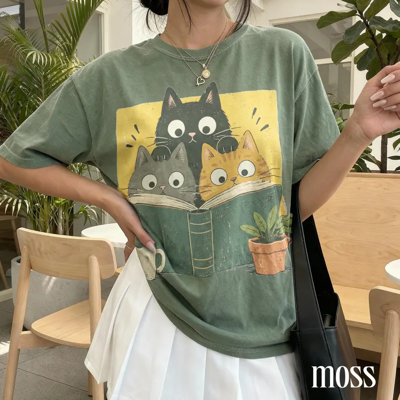 Cozy Book Club Cats Vintage Graphic T-Shirt
