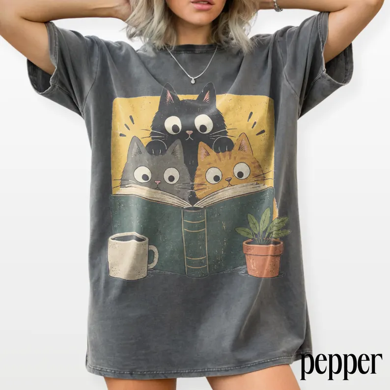 Cozy Book Club Cats Vintage Graphic T-Shirt