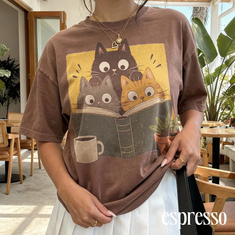 Cozy Book Club Cats Vintage Graphic T-Shirt