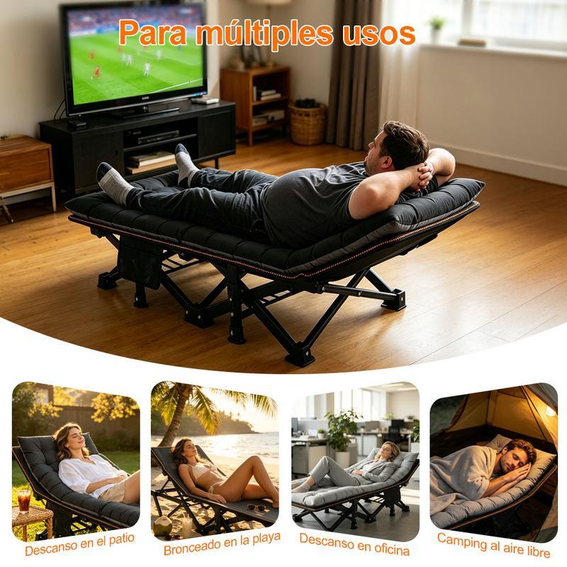 Cama plegable extra grande color negro (60*170 cm), especialmente para exteriores: diseño portátil ideal para camping, viajes y oficina.Con estructura de metal resistente y bolsillos laterales de almacenamiento.