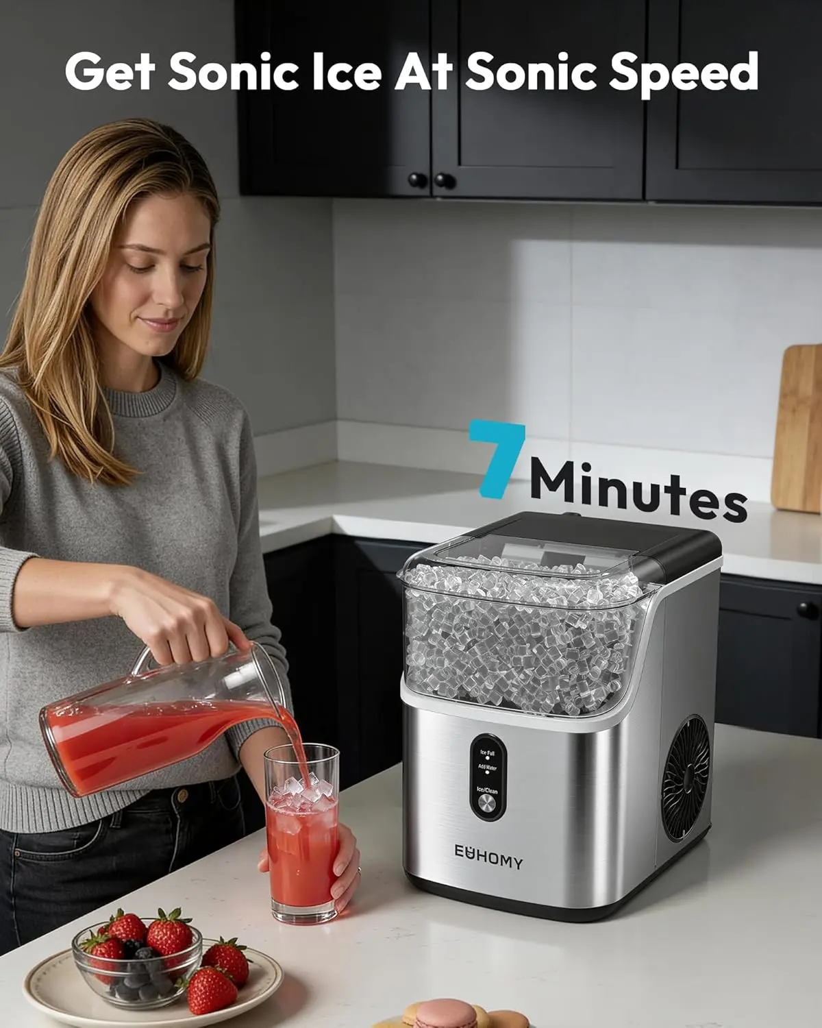 Máquina de hielo en pepitas (nugget) de sobremesa EUHOMY; produce hielo suave (capacidad de 35 lb o 33 lb/24 h); función de autolimpieza; incluye pala y cesta para hielo; ideal para el hogar, la cocina o la oficina.